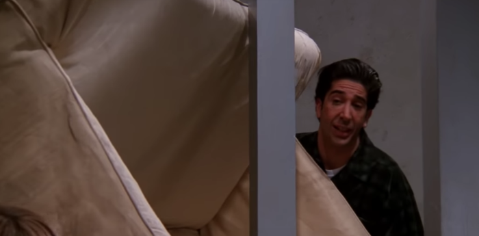 Picture of Ross from FRIENDS carrying a couch shouting, "PIVOT!"
